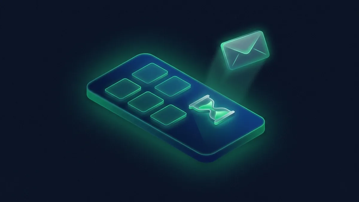 טלפון ממתין להודעת SMS עם שש קוביות ריקות ושעון חול